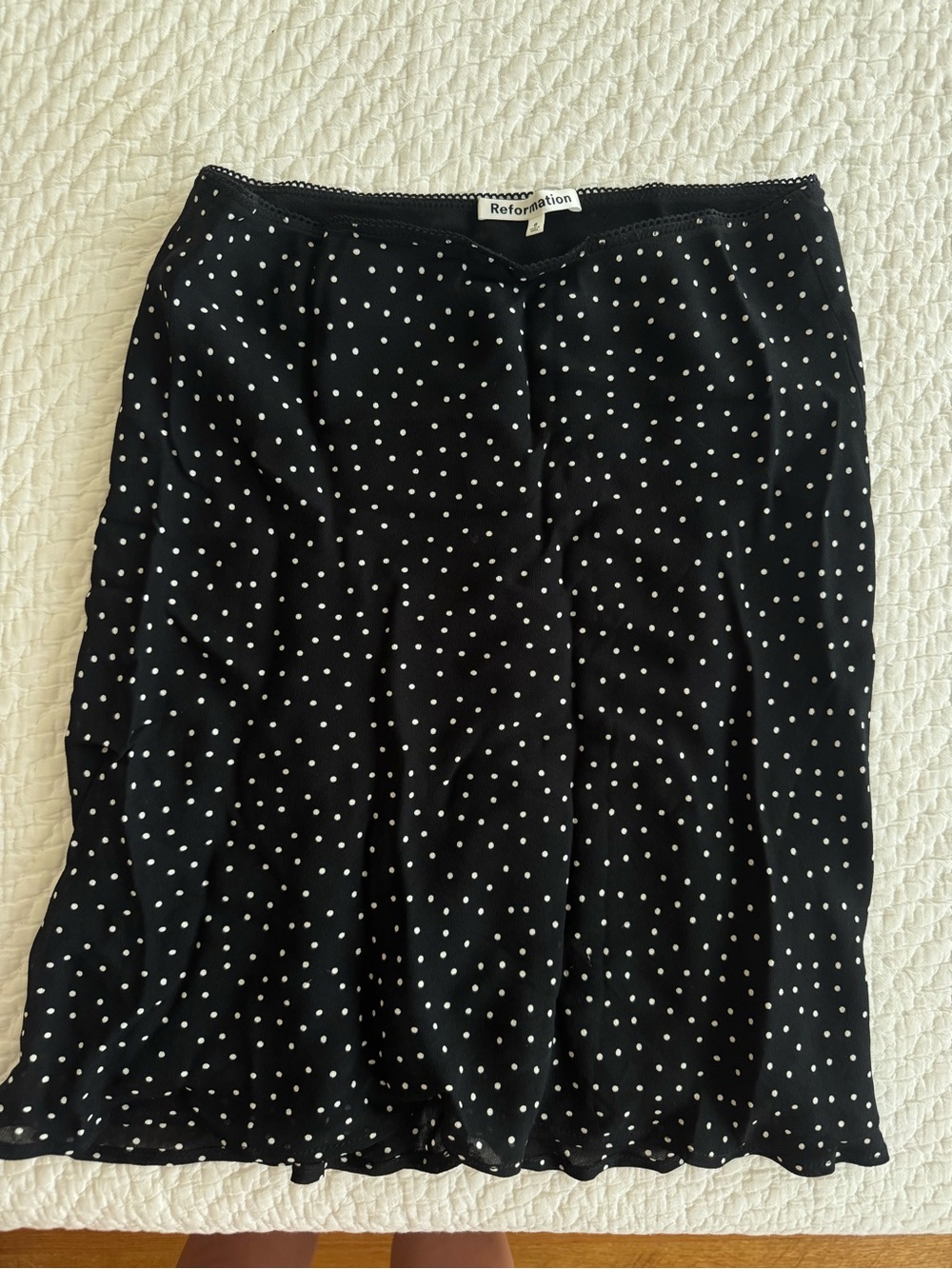 Reformation Black with White Polka Dot Midi Skirt